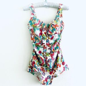 VNTG Style Maxine of Hollywood Shirred Front Girl Leg One Piece Swimsuit Sz S